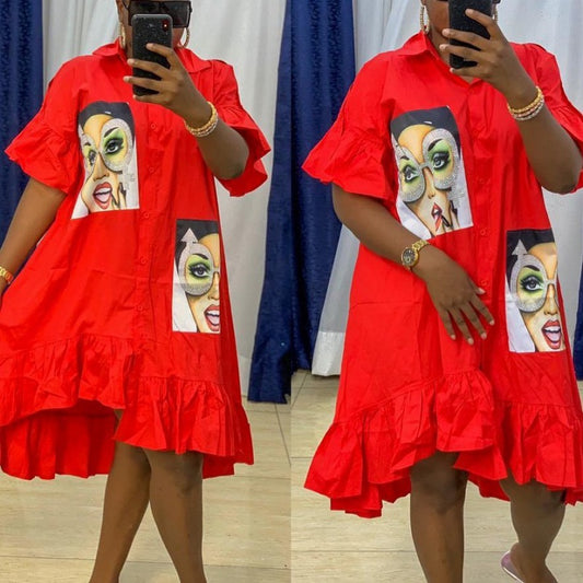 Vestido Camisero Holgado con Volantes Estampado Africano para Mujer - Image 2