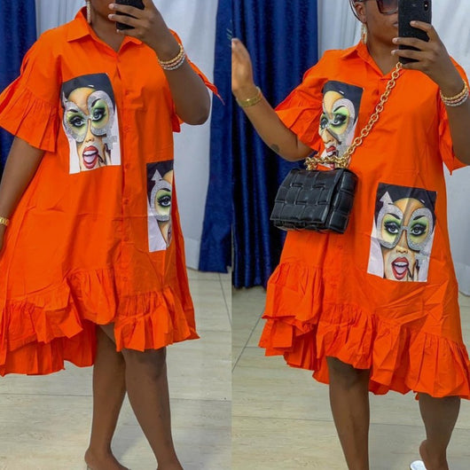 Vestido Camisero Holgado con Volantes Estampado Africano para Mujer - Image 3