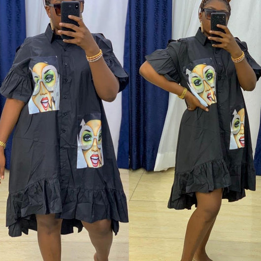 Vestido Camisero Holgado con Volantes Estampado Africano para Mujer