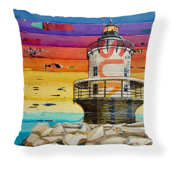 Funda de Almohada Pintura al Óleo con Paisaje de Barco y Auto Caricatura