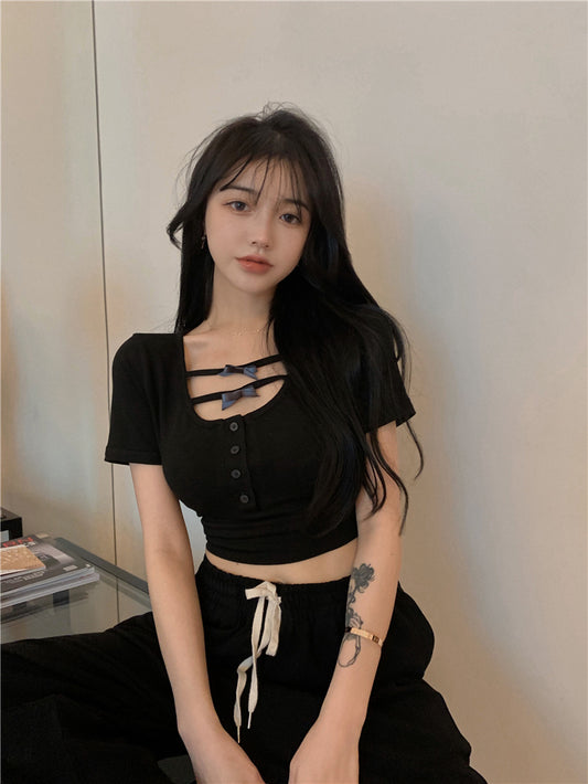 Blusa Ajustada de Manga Corta con Moño