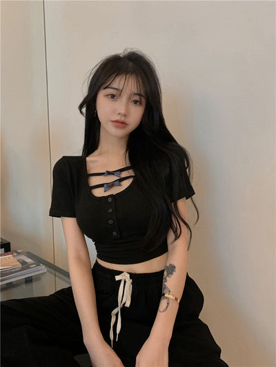 Blusa Ajustada de Manga Corta con Moño