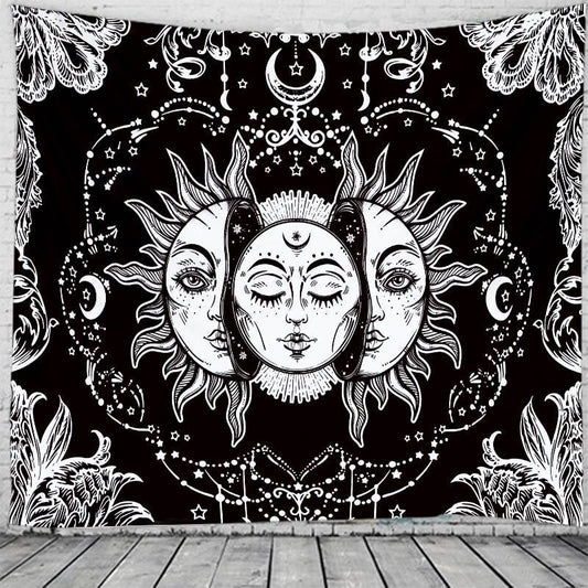Black and white Tree of Life Yin Yang tapestry with floral border, hanging on a light wooden wall. - Image 2