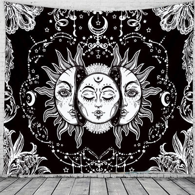 Black and white Tree of Life Yin Yang tapestry with floral border, hanging on a light wooden wall. - Image 2
