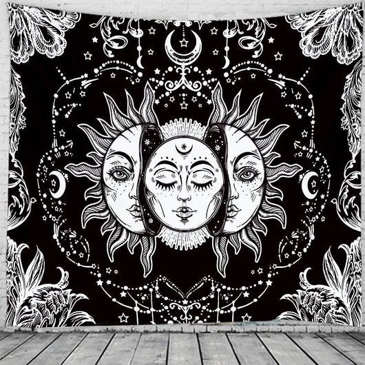Black and white Tree of Life Yin Yang tapestry with floral border, hanging on a light wooden wall. - Image 2