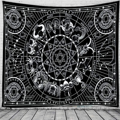 Black and white Tree of Life Yin Yang tapestry with floral border, hanging on a light wooden wall. - Image 5