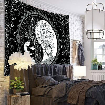Black and white Tree of Life Yin Yang tapestry with floral border, hanging on a light wooden wall. - Image 8