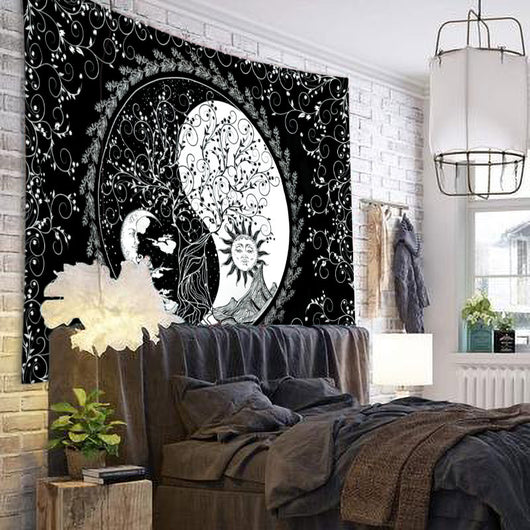 Black and white Tree of Life Yin Yang tapestry with floral border, hanging on a light wooden wall. - Image 8