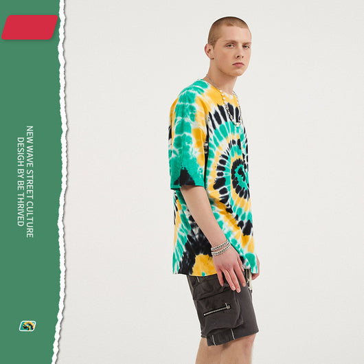 Camiseta Tie-Dye Vórtice Tricolor para Hombre - Estilo Urbano Europeo - Image 5