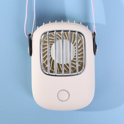 Light beige portable neck fan with a white fan and silver-toned grille, suspended by a white lanyard. - Image 7