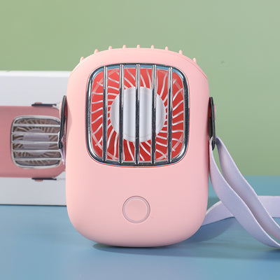 Light beige portable neck fan with a white fan and silver-toned grille, suspended by a white lanyard. - Image 5