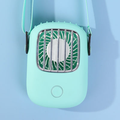 Light beige portable neck fan with a white fan and silver-toned grille, suspended by a white lanyard. - Image 3