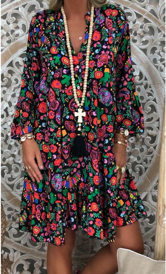 Vestido Camisa Holgado con Cuello Mao Fruncido