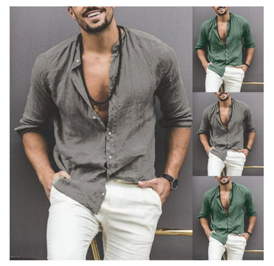 Camisa Clásica de Manga Larga con Cuello Mao para Hombre - Image 3