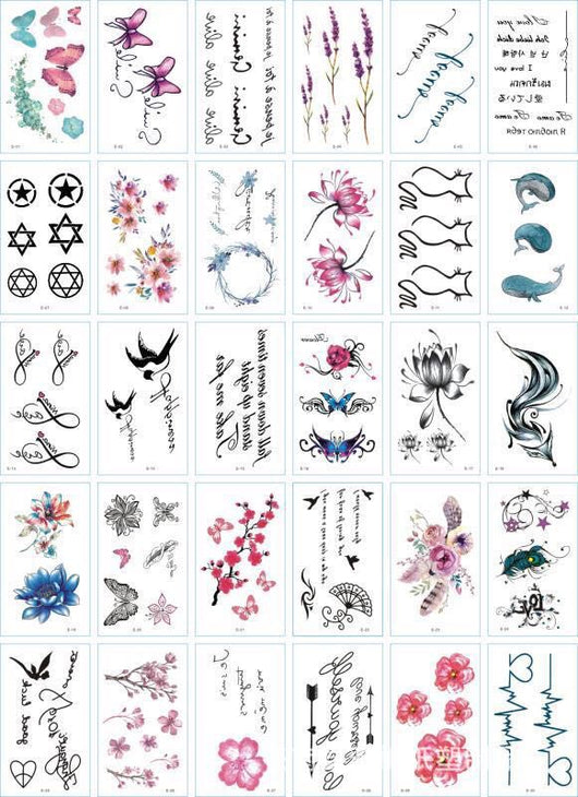 Set of 30 temporary tattoo stickers featuring pink and purple butterflies, flowers, bunnies, and moon designs. - Image 12