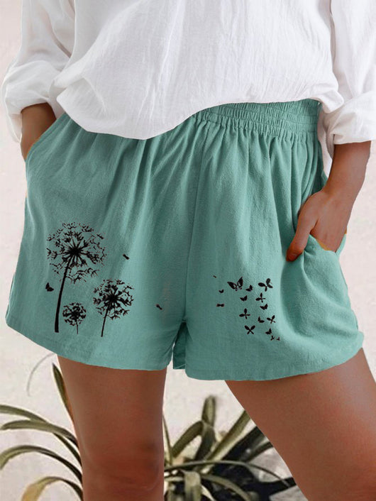 Shorts de Cintura Alta con Estampado Diente de León en Algodón y Lino para Mujer - Image 8