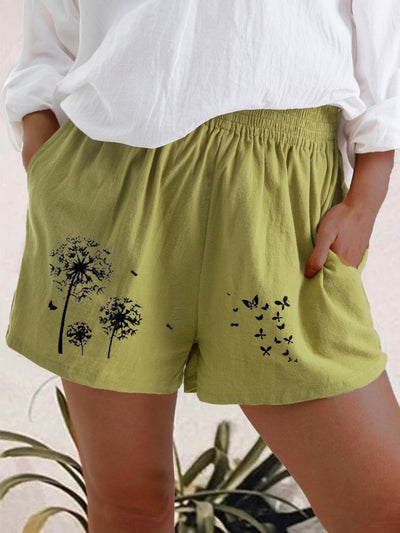 Shorts de Cintura Alta con Estampado Diente de León en Algodón y Lino para Mujer - Image 5