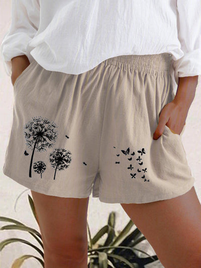 Shorts de Cintura Alta con Estampado Diente de León en Algodón y Lino para Mujer - Image 6