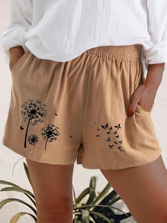Shorts de Cintura Alta con Estampado Diente de León en Algodón y Lino para Mujer