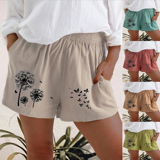Shorts de Cintura Alta con Estampado Diente de León en Algodón y Lino para Mujer