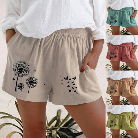 Shorts de Cintura Alta con Estampado Diente de León en Algodón y Lino para Mujer