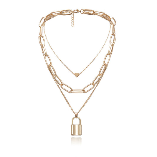 Collar Cadena Gruesa Geométrico Retro Multicapa con Dije de Amor