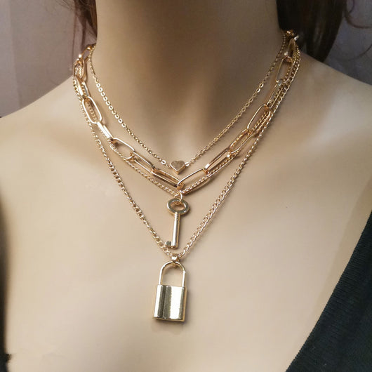 Collar Cadena Gruesa Geométrico Retro Multicapa con Dije de Amor - Image 2