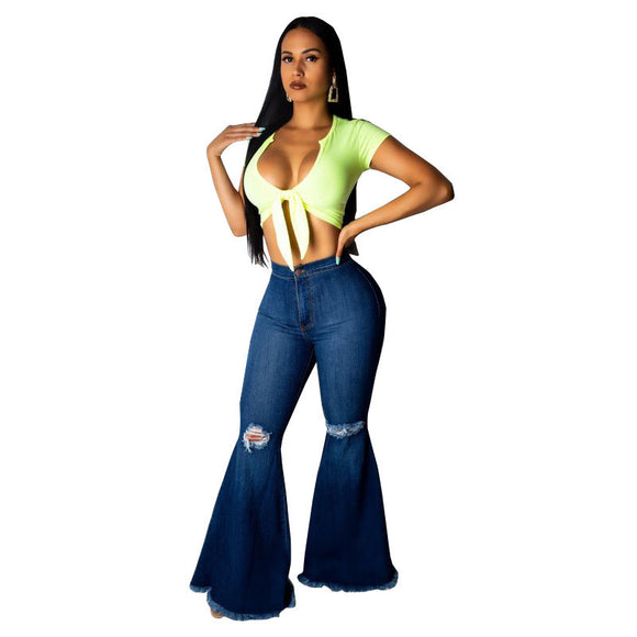 Pantalón Ancho Estilo Europeo con Rotos en Rodillas y Borde Deshilachado