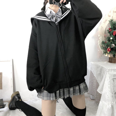 Sudadera Oversized con Cierre Cuello Marinero Streetwear Japonés Qweek Soft Girl - Image 9