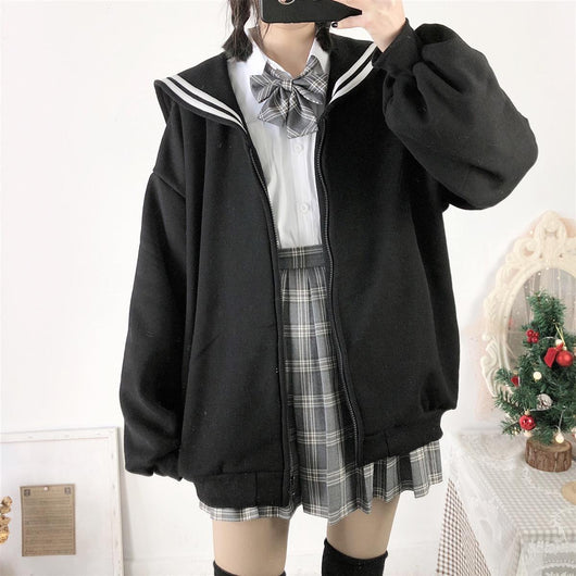 Sudadera Oversized con Cierre Cuello Marinero Streetwear Japonés Qweek Soft Girl - Image 10