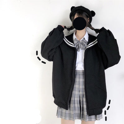 Sudadera Oversized con Cierre Cuello Marinero Streetwear Japonés Qweek Soft Girl - Image 11
