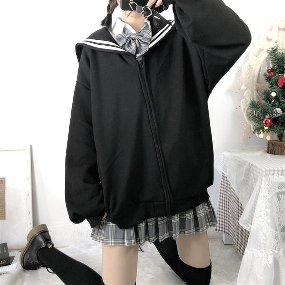 Sudadera Oversized con Cierre Cuello Marinero Streetwear Japonés Qweek Soft Girl