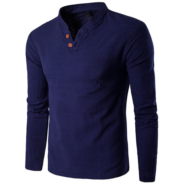 Camisa de Lino y Algodón para Hombre con Cuello Mao y Dos Botones