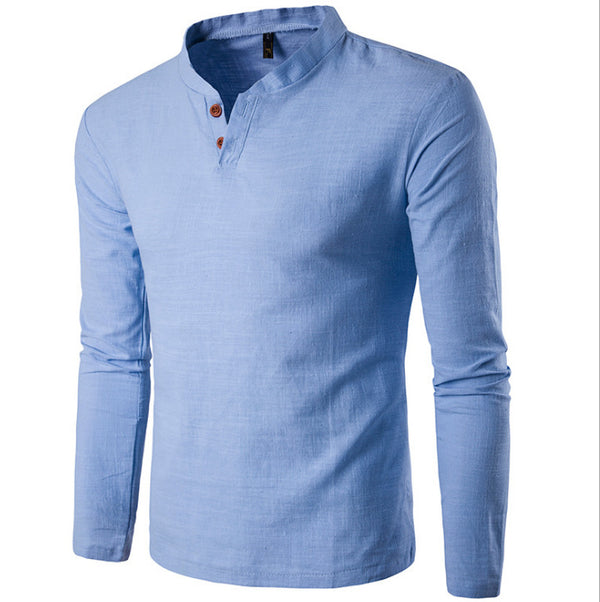 Camisa de Lino y Algodón para Hombre con Cuello Mao y Dos Botones