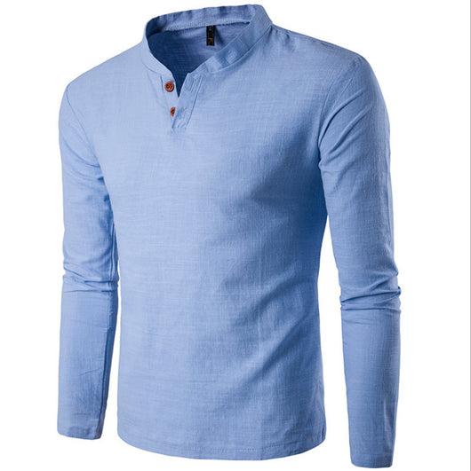 Camisa de Lino y Algodón para Hombre con Cuello Mao y Dos Botones