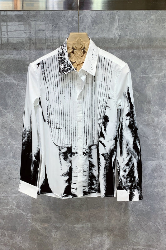 Camisa Estampada Manga Larga Hombre Estilo Británico Moda Coreana Ajuste Delgado