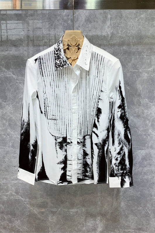 Camisa Estampada Manga Larga Hombre Estilo Británico Moda Coreana Ajuste Delgado