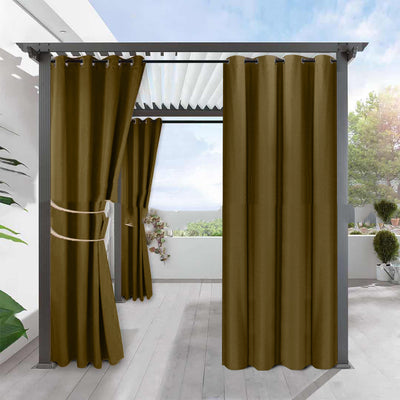 Light gray blackout curtains with grommets hanging from a dark gray pergola on an outdoor patio. - Image 6