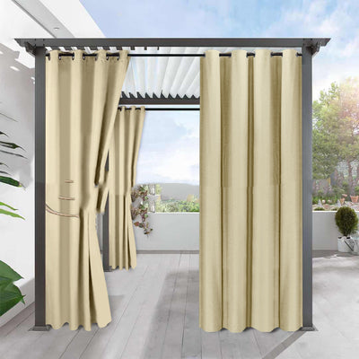 Light gray blackout curtains with grommets hanging from a dark gray pergola on an outdoor patio. - Image 7