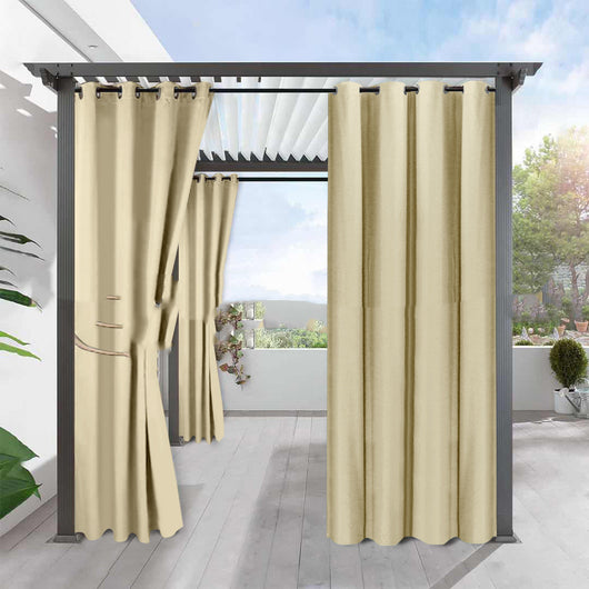 Light gray blackout curtains with grommets hanging from a dark gray pergola on an outdoor patio. - Image 7