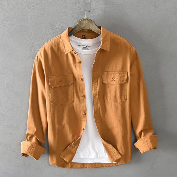 Camisa de Algodón Manga Larga Suelta Hombre Color Sólido