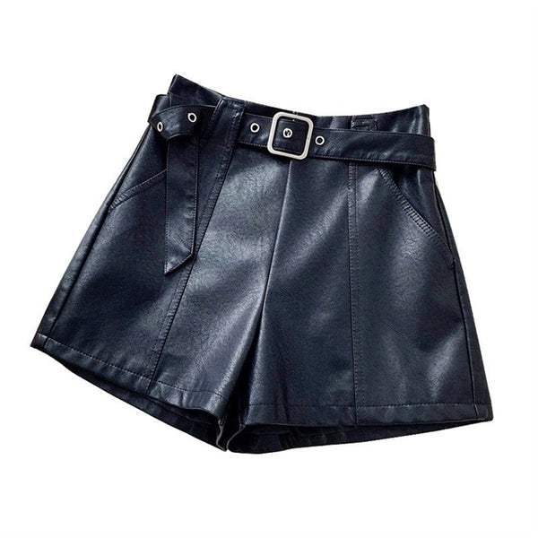 Pantalones Cortos de Cuero para Mujer Cintura Alta Otoño Invierno Estilo Europeo Piernas Anchas
