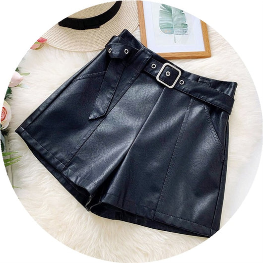 Pantalones Cortos de Cuero para Mujer Cintura Alta Otoño Invierno Estilo Europeo Piernas Anchas - Image 3