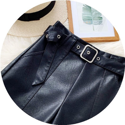 Pantalones Cortos de Cuero para Mujer Cintura Alta Otoño Invierno Estilo Europeo Piernas Anchas - Image 5
