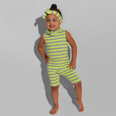 Toddler girl wearing a fluorescent green and gray striped sleeveless vest and shorts set with a matching headband. - Image 9