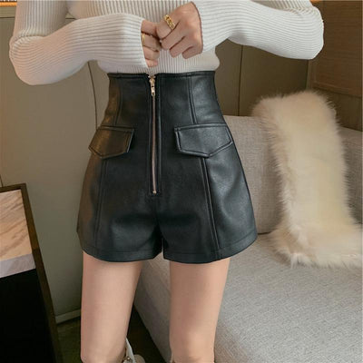 Pantalones de Cuero Cintura Alta Pierna Ancha Slim