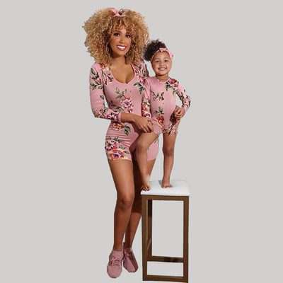 Mother and child in matching pink floral long-sleeve rompers with shorts, perfect for summer. - Image 10