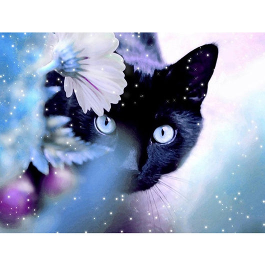 Cuadro de Diamantes Gato Negro con Flores