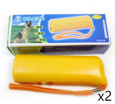 Yellow and black ultrasonic dog training devices with wrist straps, one in retail packaging. - Image 13
