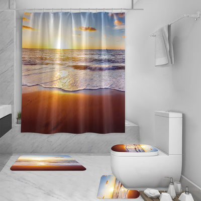 Shower curtain with a vibrant 3D digital print of a sunset over a beach, featuring crashing waves and distant boats. - Image 3